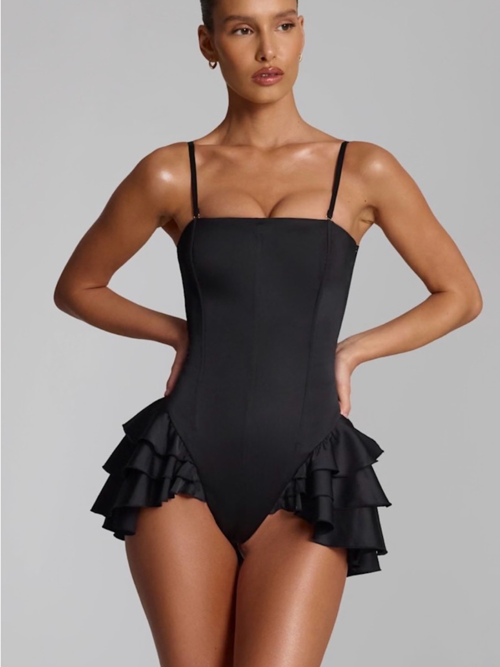 Black Lace-Up Corset Mini Bodysuit Dress - Picture 3 of 3